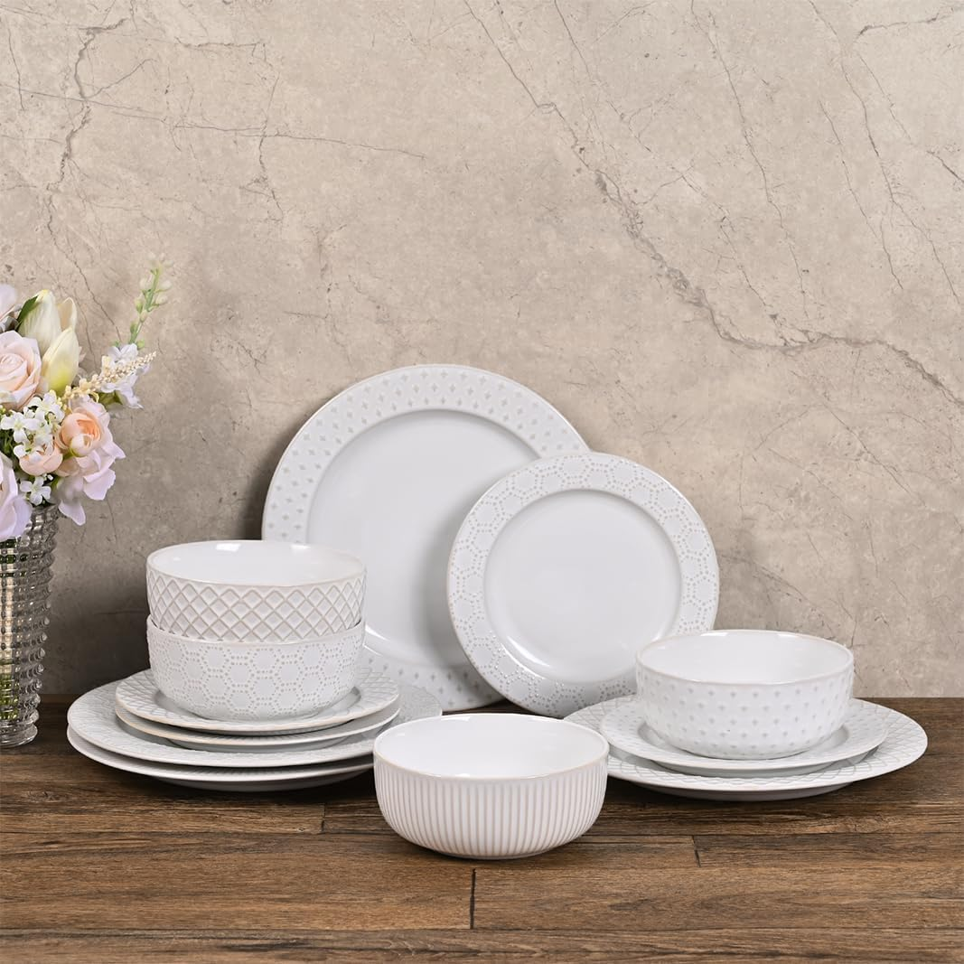 Ceramic Dinnerware Sets for 4,12 Piece Embossed Ceramic Plates and Bowls Set，Dis