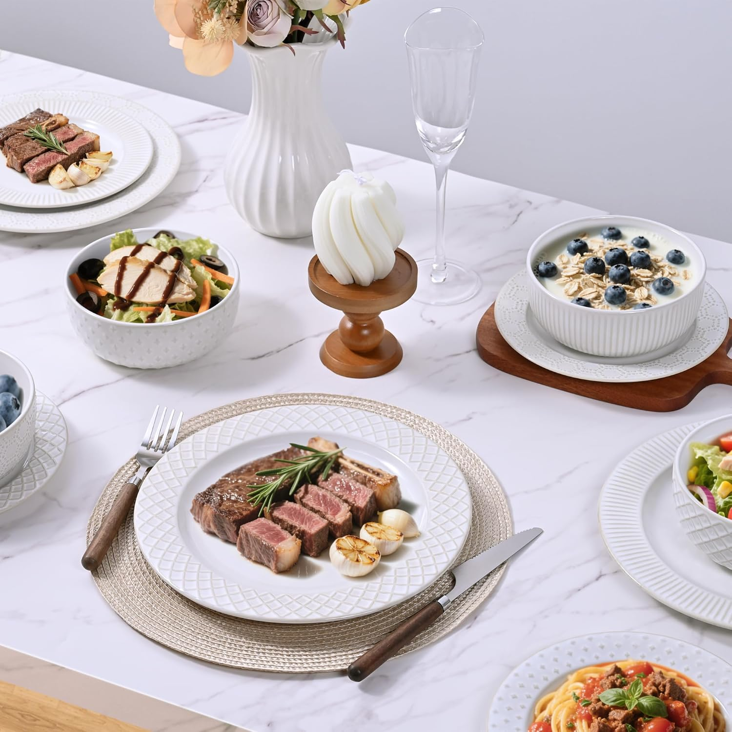 Ceramic Dinnerware Sets for 4,12 Piece Embossed Ceramic Plates and Bowls Set，Dis