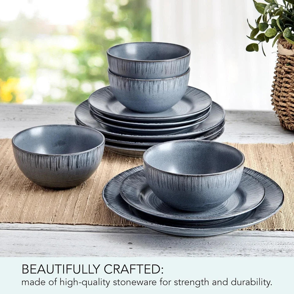 Mystic 12 Piece Plates Bowls Dinnerware Set, Service for 4, Blue