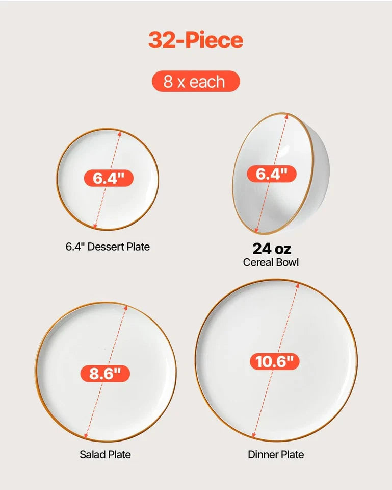 Dinnerware Set Service for 8 (32 PCS) round Plates and Bowls Sets Scratch Resist