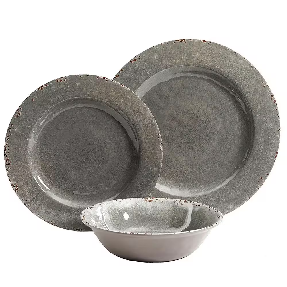 12 Pc Dinnerware Service Set for 4 - Grey - Crackle Look Decal - Melamine