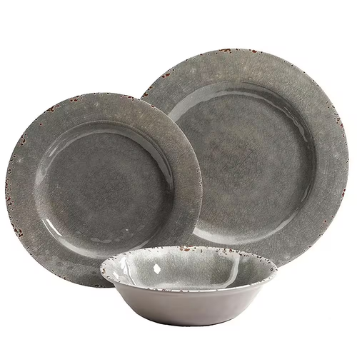 12 Pc Dinnerware Service Set for 4 - Grey - Crackle Look Decal - Melamine