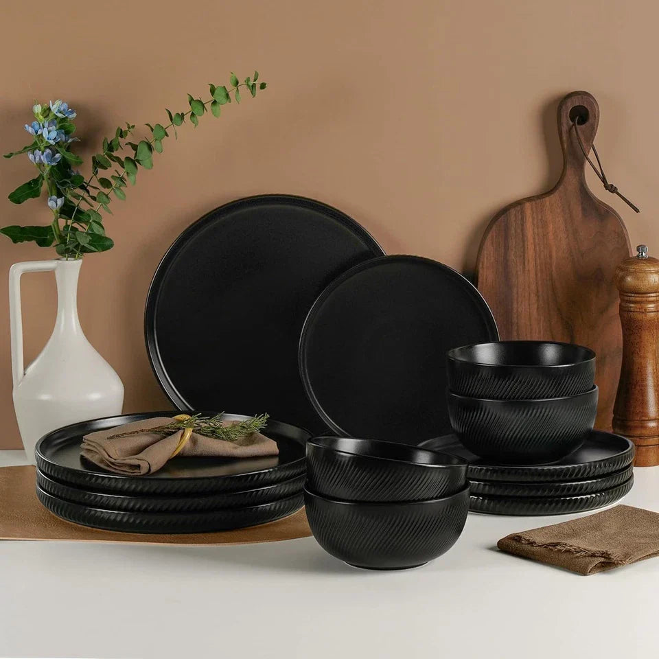 Black 12-Pc Stoneware Dinnerware Set for 4 Dishwasher & Microwave Safe