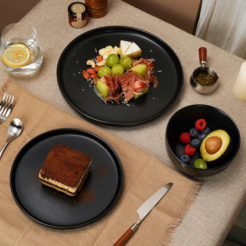 Black 12-Pc Stoneware Dinnerware Set for 4 Dishwasher & Microwave Safe
